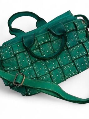 Woven Green Leather Crossbody Bag with Detachable Strap